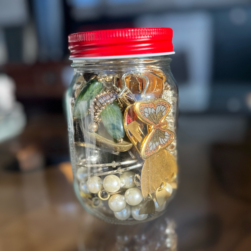 Gold Mystery Jewelry Jar In 5”x6” Draw String Bag